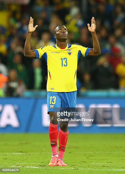 Enner Valencia of Ecuador celebrates after scoring his team's first goal during the 2014 FIFA World Cup Brazil Group E match between Honduras and...