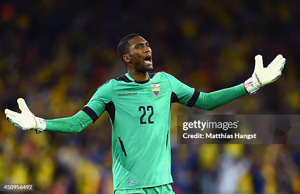 Alexander Dominguez of Ecuador reacts during the 2014 FIFA World Cup Brazil Group E match between Honduras and Ecuador at Arena da Baixada on June...