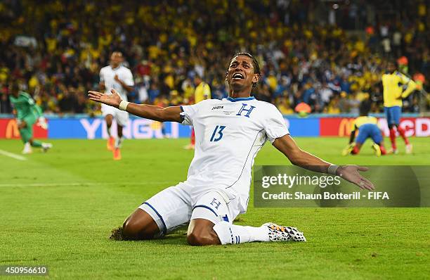 Carlo Costly of Honduras celebrates scoring his team's first goal during the 2014 FIFA World Cup Brazil Group E match between Honduras and Ecuador at...