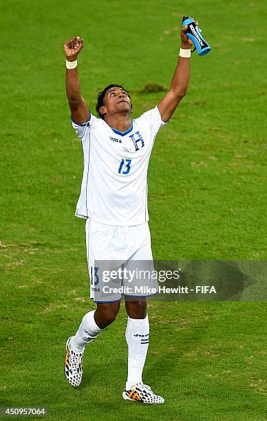 Carlo Costly of Honduras celebrates scoring his team's first goal during the 2014 FIFA World Cup Brazil Group E match between Honduras and Ecuador at...