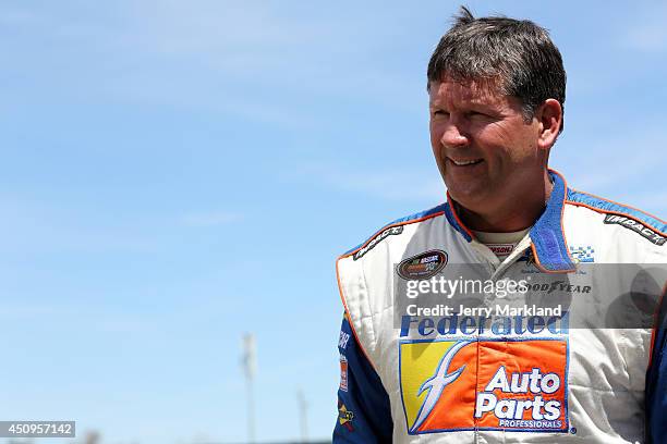 Jim Inglebright, driver of the Federated Auto Parts Chevrolet, looks on during practice for the NASCAR K&N Pro Series West Carneros 200 at Sonoma...