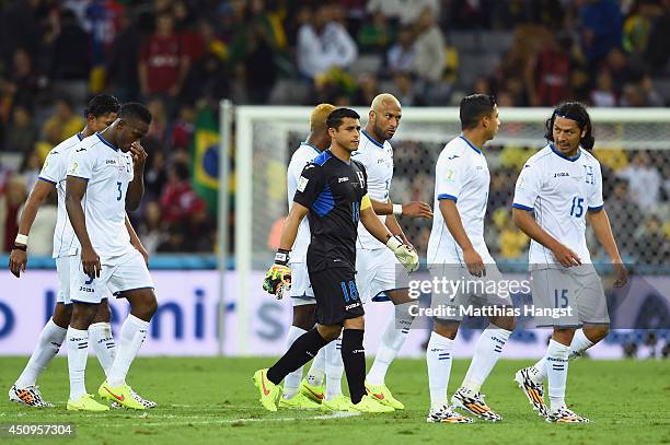 Honduras walk off the field at the half during the 2014 FIFA World Cup Brazil Group E match between Honduras and Ecuador at Arena da Baixada on June...