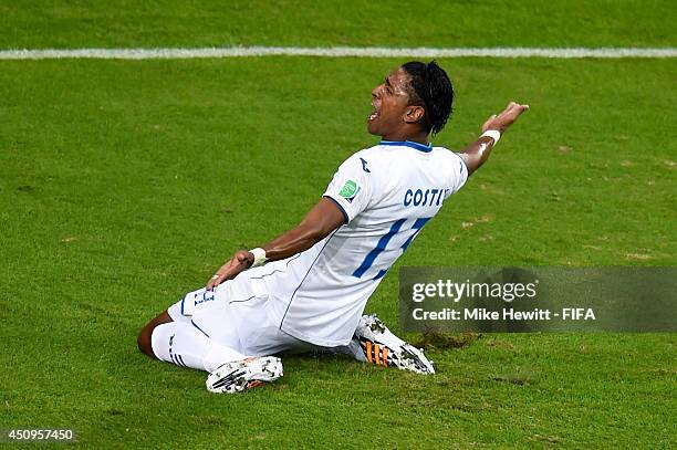 Carlo Costly of Honduras celebrates scoring his team's first goal during the 2014 FIFA World Cup Brazil Group E match between Honduras and Ecuador at...