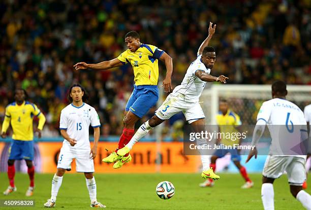 Antonio Valencia of Ecuador competes for the ball with Maynor Figueroa of Honduras during the 2014 FIFA World Cup Brazil Group E match between...