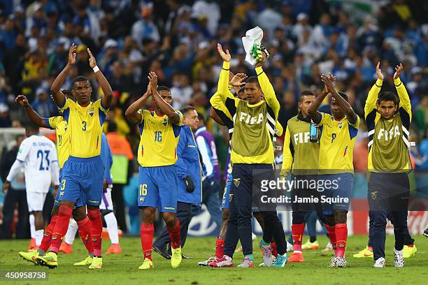 Ecuador acknowledge the fans after defeating Honduras 2-1 during the 2014 FIFA World Cup Brazil Group E match between Honduras and Ecuador at Arena...