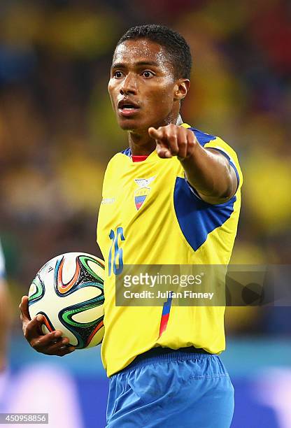 Antonio Valencia of Ecuador gestures during the 2014 FIFA World Cup Brazil Group E match between Honduras and Ecuador at Arena da Baixada on June 20,...