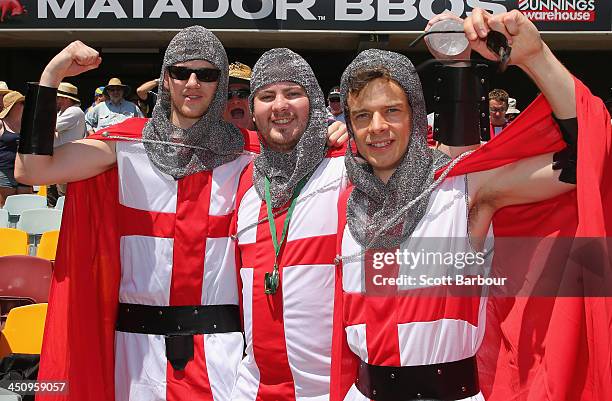 Barmy Army members pose during day one of the First Ashes Test match between Australia and England at The Gabba on November 21, 2013 in Brisbane,...