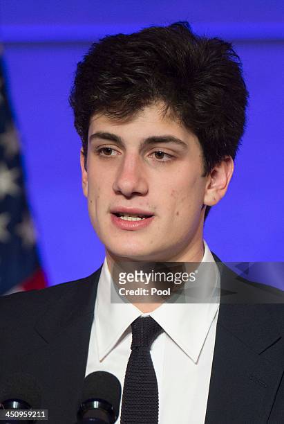 Jack Schlossberg, the grandson of President John F. Kennedy, introduces President Barack Obama during a dinner in honor of the Medal of Freedom...