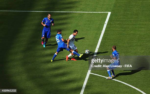 Andrea Barzagli of Italy challenges Marcos Urena of Costa Rica during the 2014 FIFA World Cup Brazil Group D match between Italy and Costa Rica at...