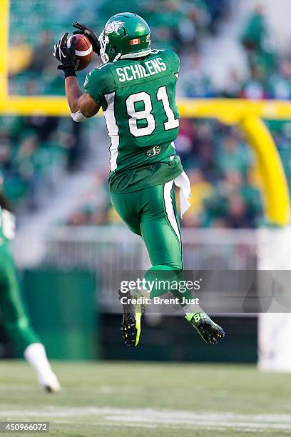 Chaz Schilens of the Saskatchewan Roughriders makes a leaping catch during a pre-season game between the Edmonton Eskimos and Saskatchewan...