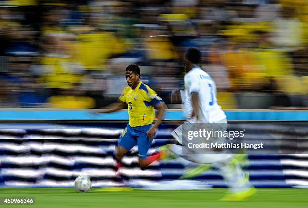 Antonio Valencia of Ecuador controls the ball during the 2014 FIFA World Cup Brazil Group E match between Honduras and Ecuador at Arena da Baixada on...