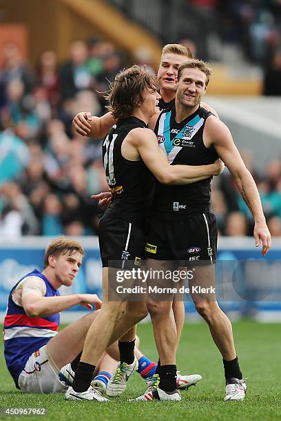 Power players celebrate a goal by Jared Polec during the round 14 AFL match between the Port Adelaide Power and the Western Bulldogs at Adelaide Oval...