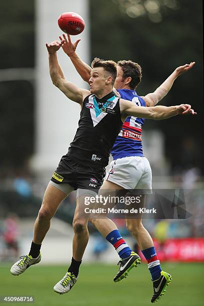 Robbie Gray of the Power competes for the ball with Robert Murphy of the Bulldogs during the round 14 AFL match between the Port Adelaide Power and...