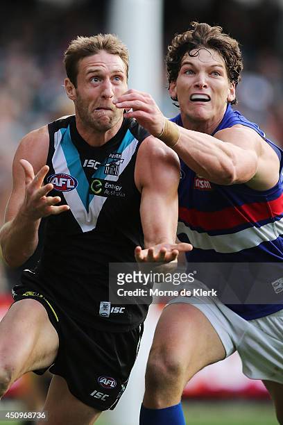 Jay Schulz of the Power competes for the ball with Will Minson of the Bulldogs during the round 14 AFL match between the Port Adelaide Power and the...