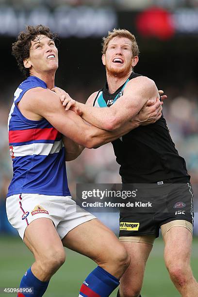 Will Minson of the Bulldogs competes in the ruck with Matthew Lobbe of the Power during the round 14 AFL match between the Port Adelaide Power and...