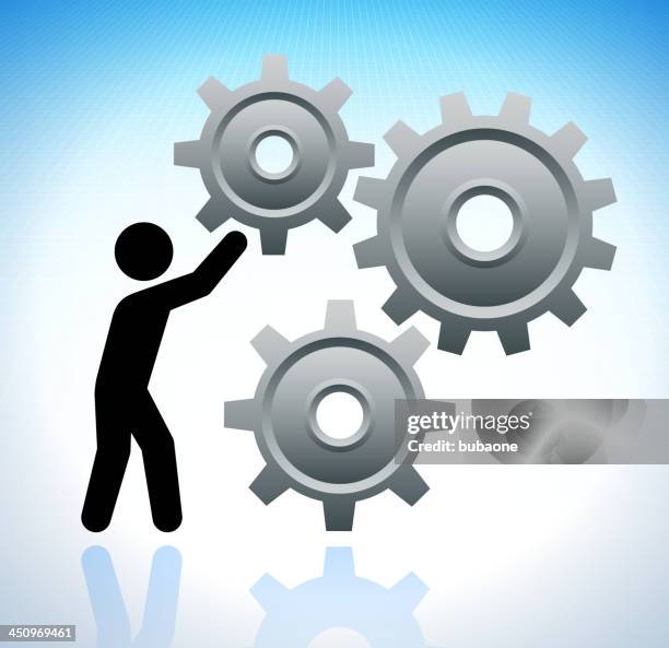 constructing stick figure with gears on grid background - factory machine vector stock illustrations