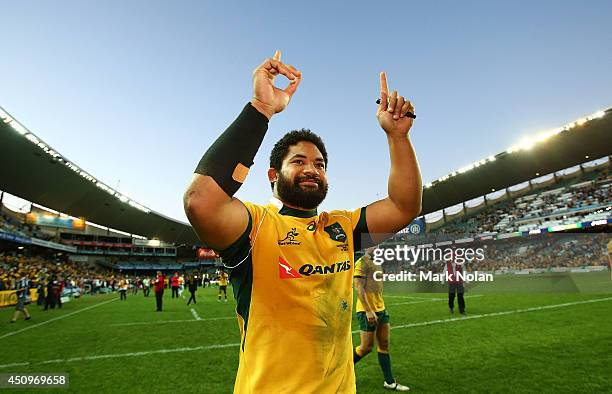 Tatafu Polota-Nau of the Wallabies celebrates after the International Test match between the Australia Wallabies and France at Allianz Stadium on...