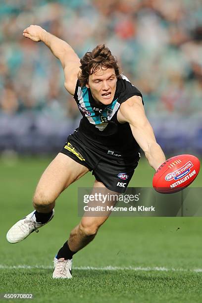 Jared Polec of the Power wins the ball during the round 14 AFL match between the Port Adelaide Power and the Western Bulldogs at Adelaide Oval on...