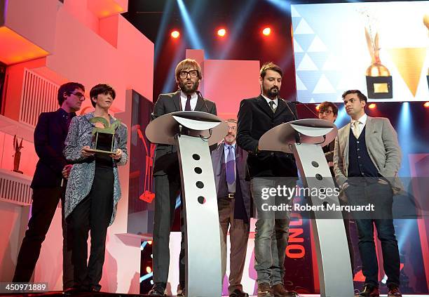 Oscar Dalmau and Oscar Andreu accept the 'Best Radio Program for La Competencia' award at the Onda Awards 2013 Gala at the Gran Teatre del Liceu on...