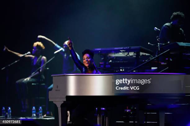 Singer Alicia Keys performs on the stage in concert at Mercedes-Benz Arena on November 20, 2013 in Shanghai, China.