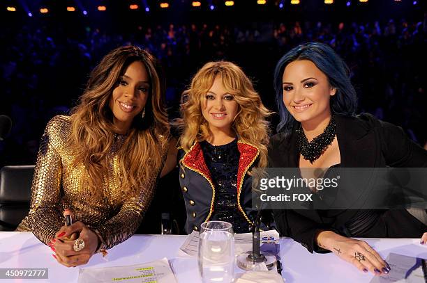 Judges Kelly Rowland, Paulina Rubio and Demi Lovato on FOX's "The X Factor" Season 3 Top 10 Live Performance Show on November 20, 2013 in Hollywood,...
