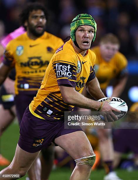 Todd Lowrie of the Broncos looks to pass during the round 15 NRL match between the New Zealand Warriors and the Brisbane Broncos at Mt Smart Stadium...