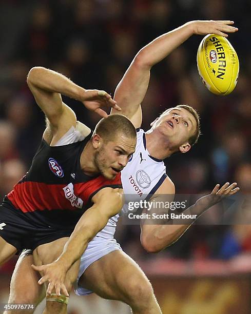 Rory Laird of the Crows and David Zaharakis of the Bombers compete for the ball during the round 14 AFL match between the Essendon Bombers and the...