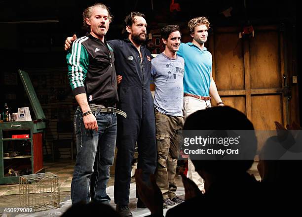 Actors James Badge Dale, John Pollono, James Ransone and Keegan Allen participate in the opening night curtain call for "Small Engine Repair" at...
