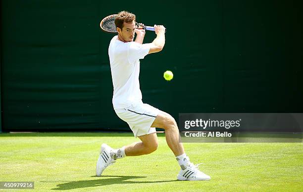 Andy Murray of Great Britain in action in a practice session during previews for Wimbledon Championships at Wimbledon on June 21, 2014 in London,...