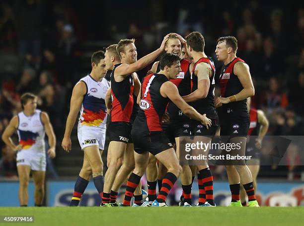 Michael Hurley of the Bombers celebrates after kicking a goal during the round 14 AFL match between the Essendon Bombers and the Adelaide Crows at...