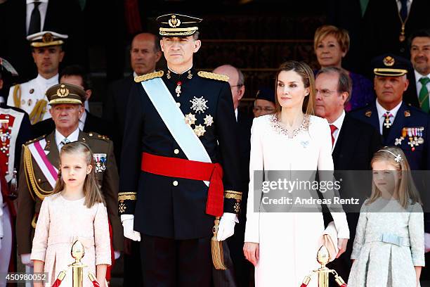 Princess Leonor, Princess of Asturias, King Felipe VI of Spain, Queen Letizia of Spain and Princess Sofia review walk past a guard of Honor at the...