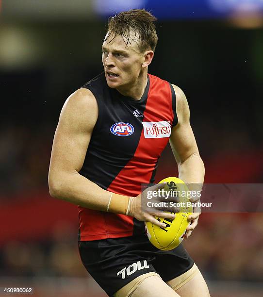 Brendon Goddard of the Bombers runs with the ball during the round 14 AFL match between the Essendon Bombers and the Adelaide Crows at Etihad Stadium...