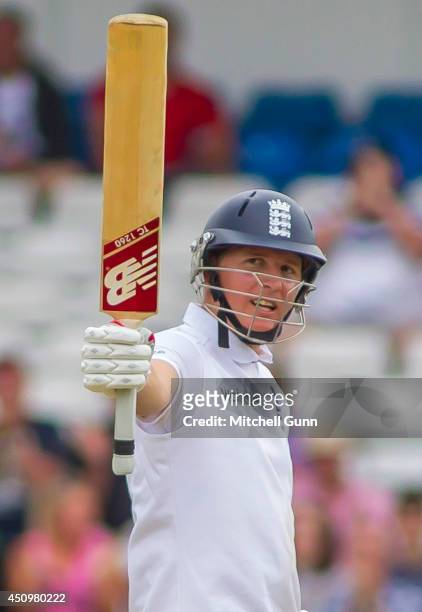 Gary Ballance of England raises his bat to celebrate a half century during the 2nd Investec Test Match day two between England and Sri Lanka at...