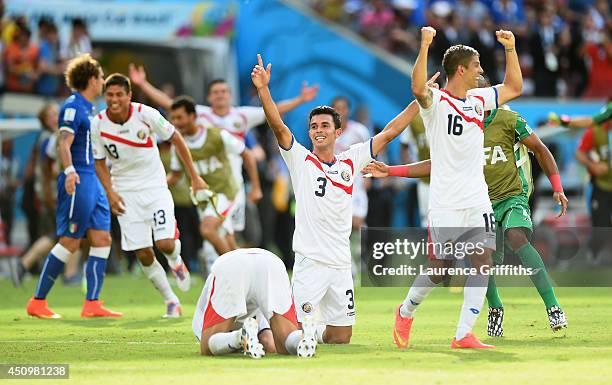 Giancarlo Gonzalez of Costa Rica celebrates with teammates after defeating Italy 1-0 on June 20, 2014 in Recife, Brazil.