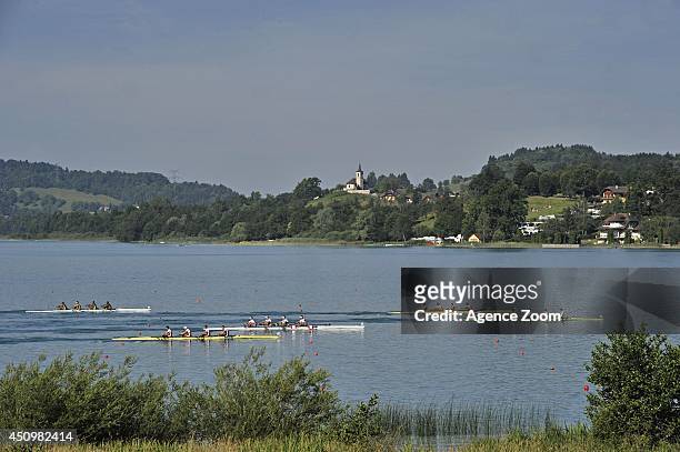 Action during the Men's Four during the World Rowing Cup II on Saturday 21 June 2014, Aiguebelette, France.