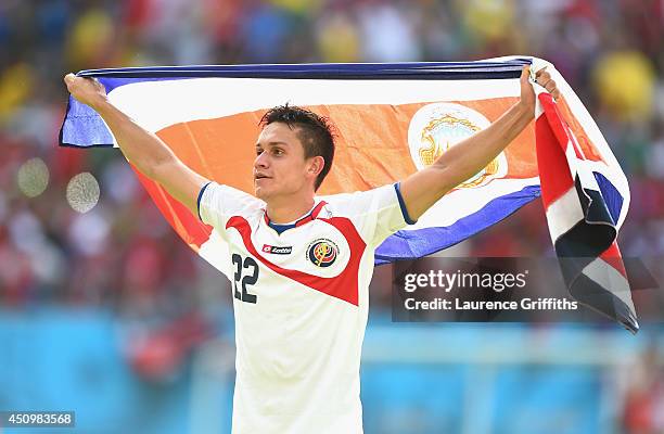 Jose Miguel Cubero of Costa Rica celebrates after defeating Italy 1-0 during the 2014 FIFA World Cup Brazil Group D match between Italy and Costa...