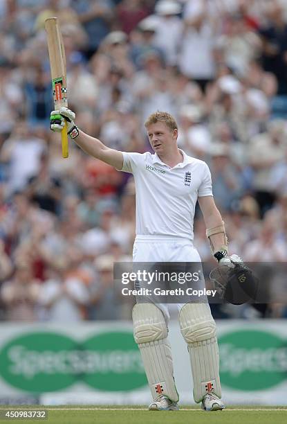 Sam Robson of England celebrates reaching his century during day two of 2nd Investec Test match between England and Sri Lanka at Headingley Cricket...