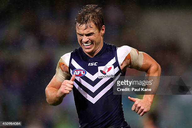 Colin Sylvia of the Dockers runs to the interchange during the round 14 AFL match between the Fremantle Dockers and the Brisbane Lions at Patersons...