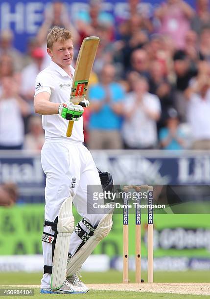 Sam Robson of England celebrates reaching his century during day two of the 2nd Investec Test match between England and Sri Lanka at Headingley...