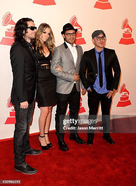 Members of Mojito Lite Juan Pablo Renteria, Laura Mayolo, Juan Manuel Medina and Dayhan Diaz, arrive at the 2013 Latin Recording Academy Person Of...