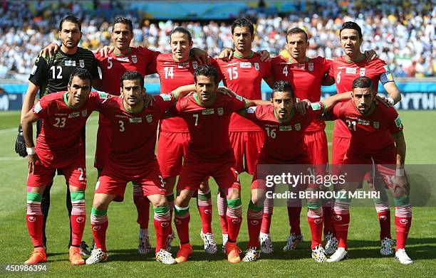 Members of Iran's national team Iran's goalkeeper Alireza Haqiqi, Iran's defender Amir Hossein Sadeqi, Iran's midfielder Andranik Teymourian, Iran's...