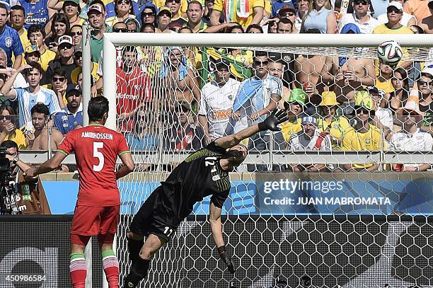 Argentina's goalkeeper Agustin Orion saves the ball as Iran's defender Amir Hossein Sadeqi watches on during a Group F football match between...