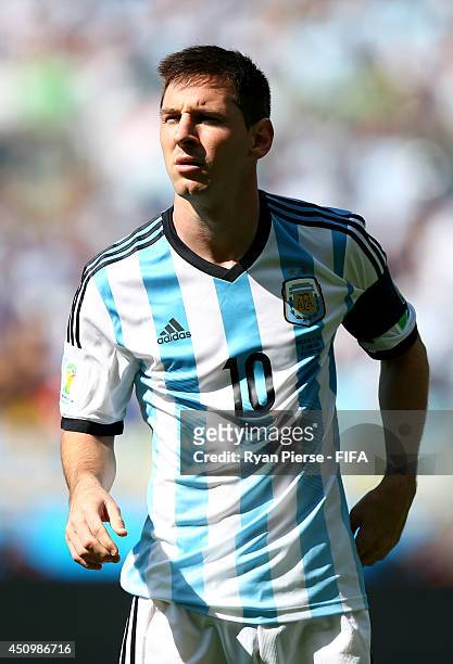 Lionel Messi of Argentina looks on during the 2014 FIFA World Cup Brazil Group F match between Argentina and Iran at Estadio Mineirao on June 21,...
