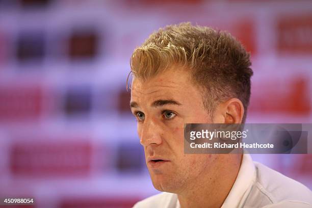Joe Hart faces the media in a press conference after an England training session at the Urca Military Base on June 21, 2014 in Rio de Janeiro, Brazil.