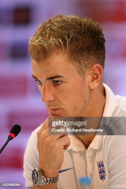 Joe Hart faces the media in a press conference after an England training session at the Urca Military Base on June 21, 2014 in Rio de Janeiro, Brazil.