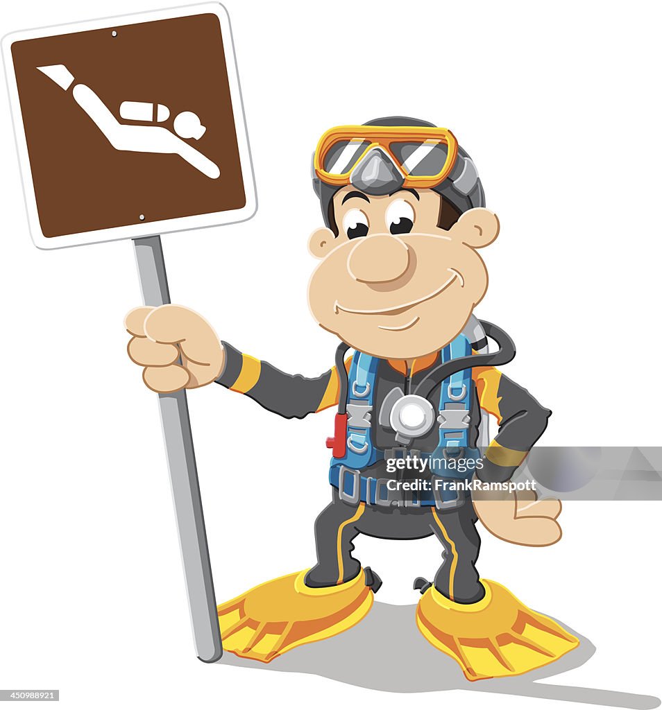 Scuba Diver Sign Cartoon Man Isolated