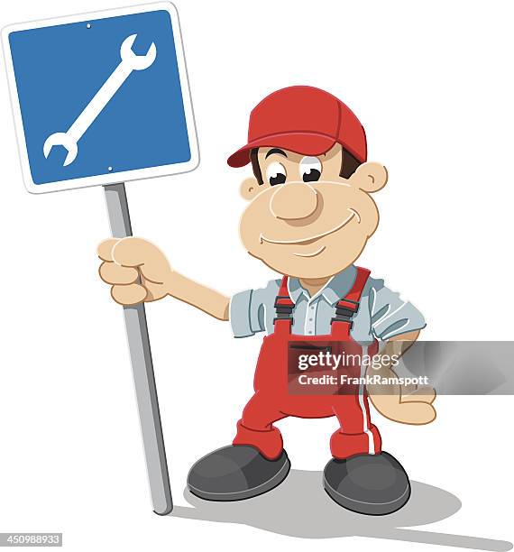 auto mechanic cartoon man repair shop sign isolated - guy holding wrench cartoon stock illustrations