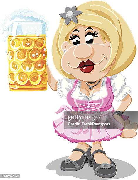 ilustraciones, imágenes clip art, dibujos animados e iconos de stock de jarra de cerveza aislado de baviera dirndl mujer de historieta - beer transparent background