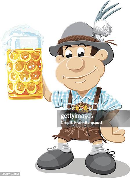 ilustrações, clipart, desenhos animados e ícones de caneca de cerveja lederhosen homem dos desenhos animados isolado - roupa de tirolês