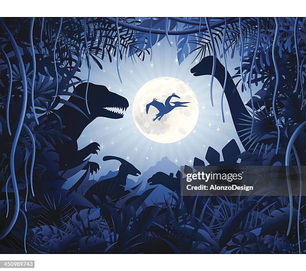 ilustraciones, imágenes clip art, dibujos animados e iconos de stock de jurassic la noche - era prehistórica